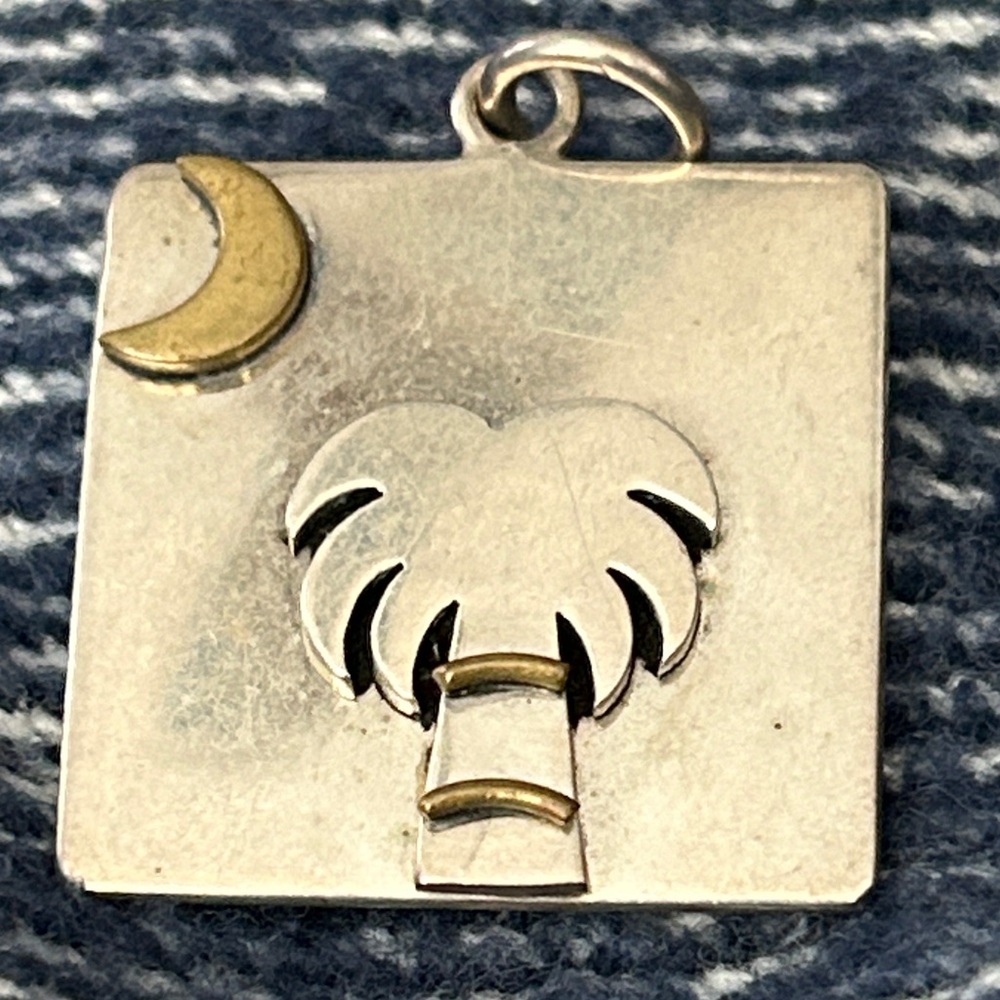 Two-Tone Palm Tree & Crescent Moon Charm Pendant - Sterling Silver & Gold tone